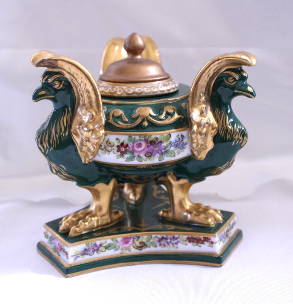 M. Imp de Sevres French Empire Style Porcelain Griffin Desk Decor Green Gilt